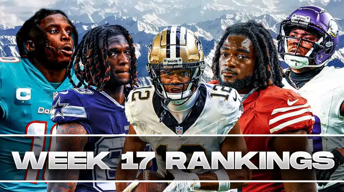 Fantasy football Wide Receivers Tyreek Hill, CeeDee Lamb, Justin Jefferson, Chris Olave, Brandon Aiyuk are all beside each other with a mountainpeak in the background.