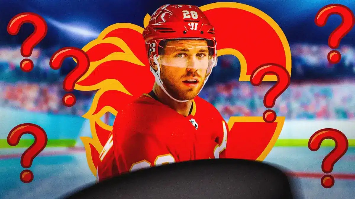 Elias Lindholm in middle of image looking stern, a few question marks around him, Calgary Flames logo in image, hockey rink in background