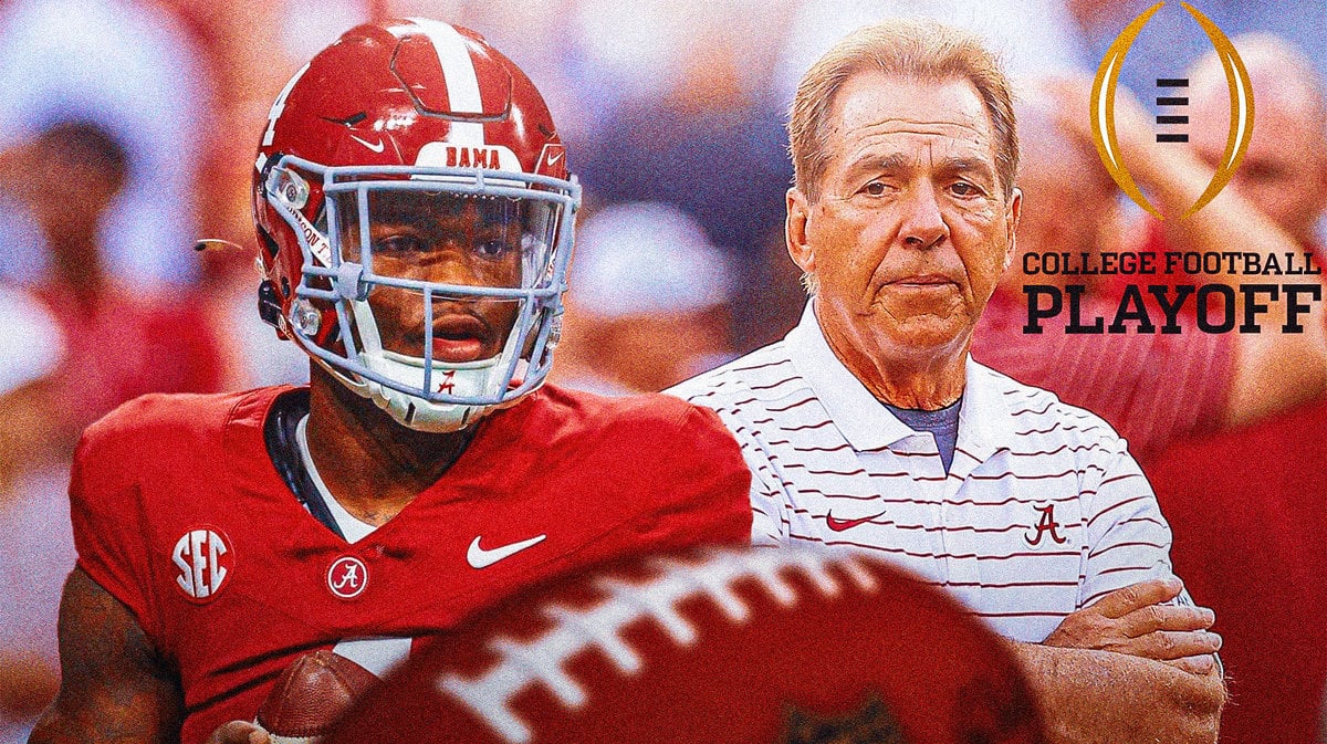 Photo: Nick Saban and Jalen Milroe with CFP logo behind them