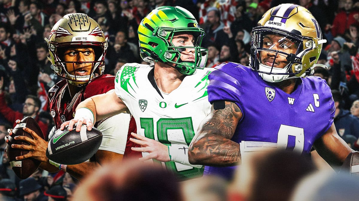 Florida State QB Jordan Travis with Heisman Trophy finalists Bo Nix and Michael Penix Jr