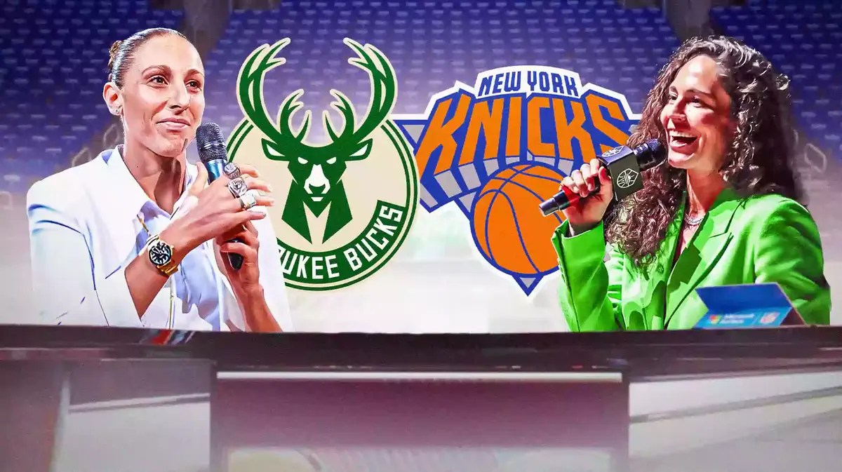 former Seattle Storm player Sue Bird and Phoenix Mercury’s Diana Taurasi, like they are in a broadcasting booth at a basketball game with a basketball court behind them, with the Bucks logo and the Knicks logo