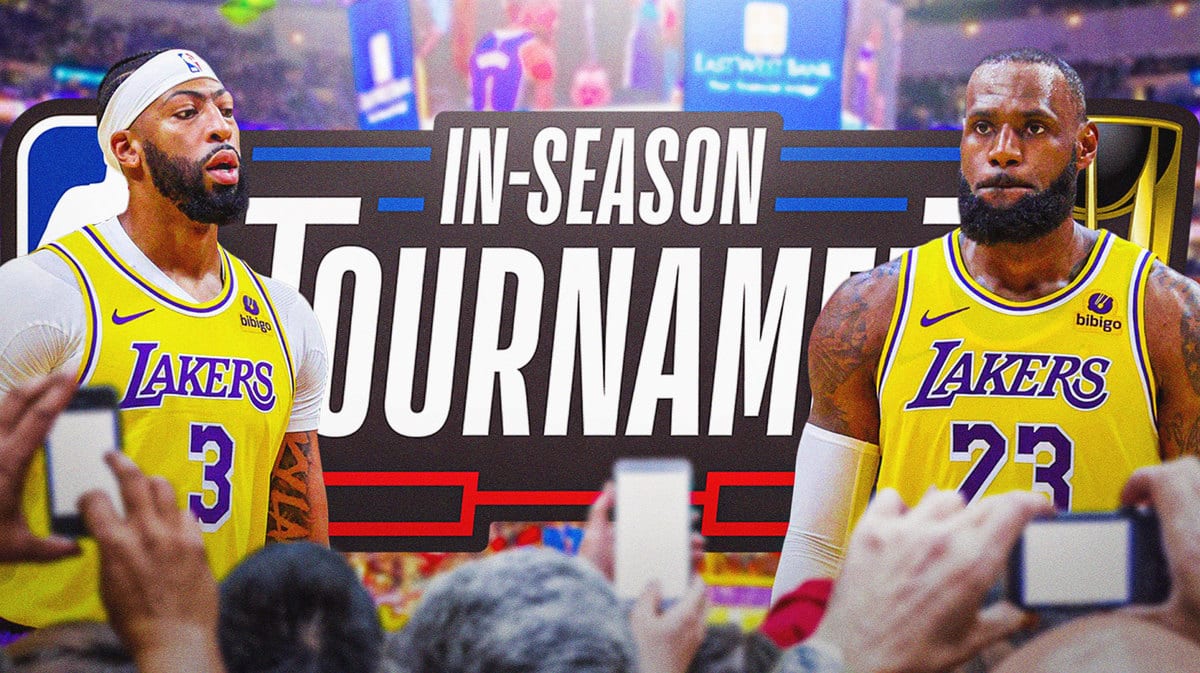 Lakers' Anthony Davis, Lakers' LeBron James looking serious with the NBA In-Season Tournament logo in background.