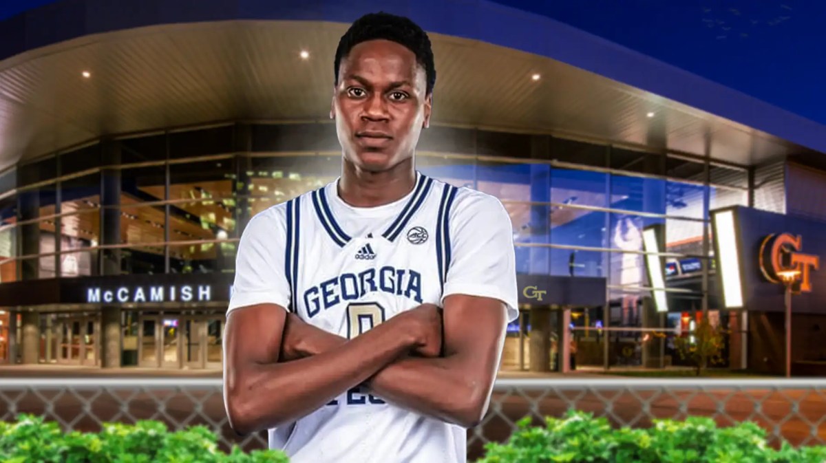 Darrion Sutton in Georgia Tech jersey with the Georgia Tech logo in the background