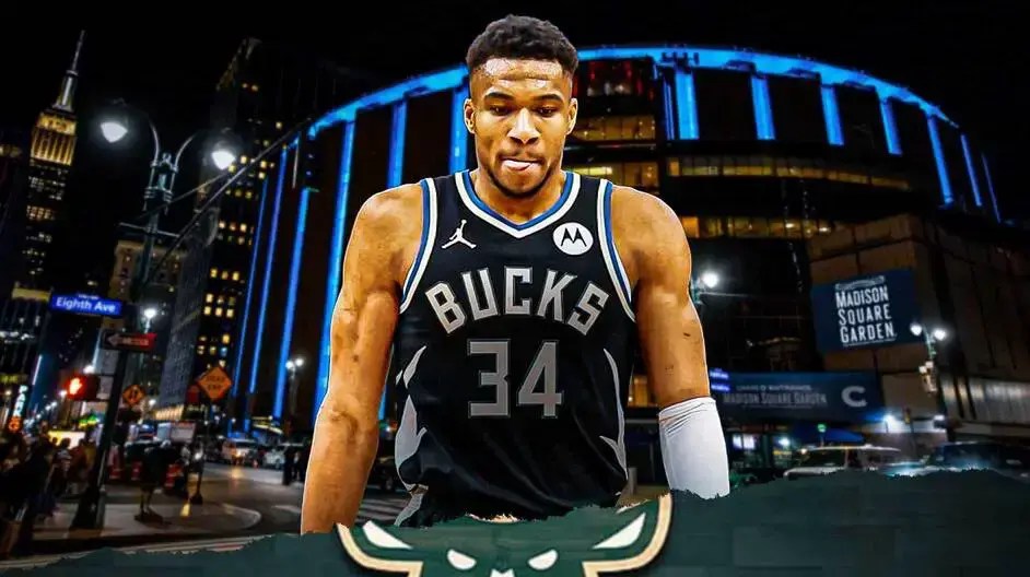 Giannis Antetokounmpo, Madison Square Garden in the background