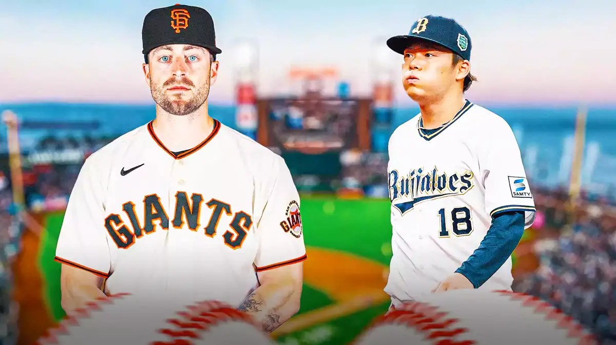 Tom Murphy in a San Francisco Giants uniform with Yoshinobu Yamamoto in the background