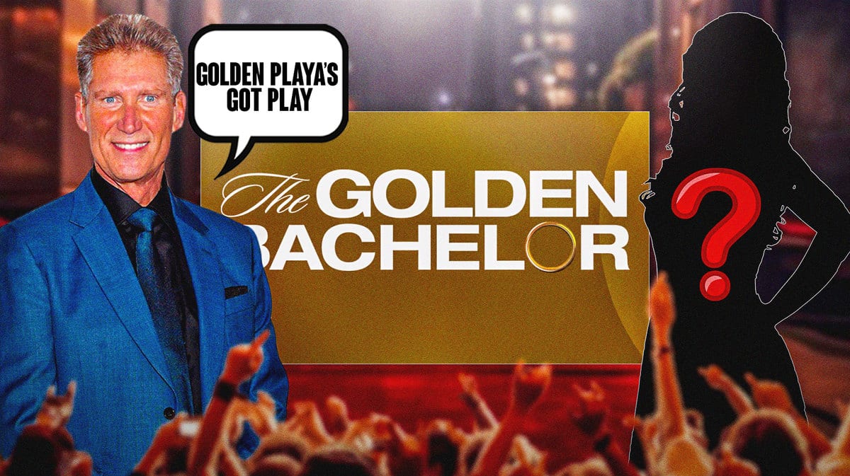 Gerry Turner, the logo for Golden Bachelor, and a silhouette of a woman with a “?” over it. Turner has a speech bubble that says “Golden playa’s got play”