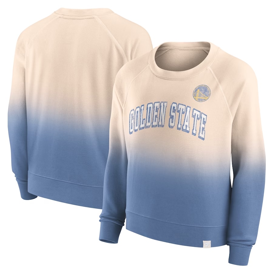 Golden State Warriors Fanatics Branded Women's Lounge Arch Raglan Pullover Sweatshirt - Tan/Royal colorway on a white background.