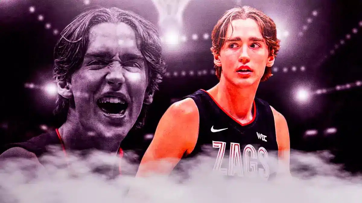 Gonzaga basketball player Dusty Stromer in front of the McCarthey Athletic Center.