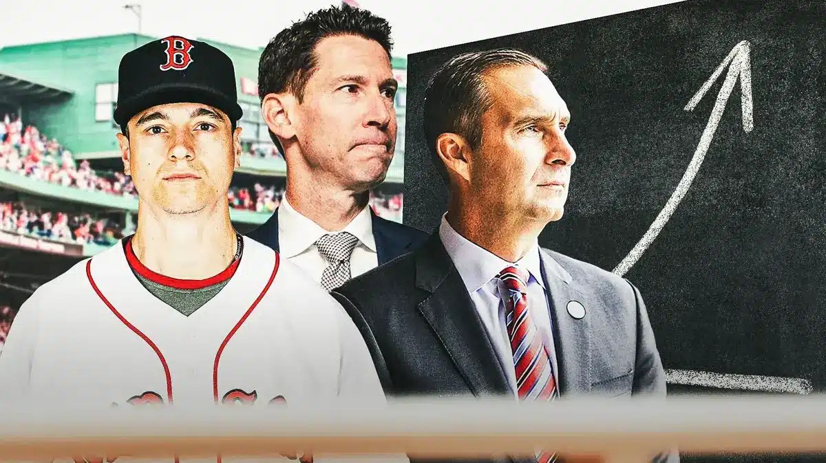 Photo: Tyler O’Neill in action in Red Sox jersey, Fenway Park in background, chalkboard with grades, Craig Breslow in suit, John Mozeliak in suit.