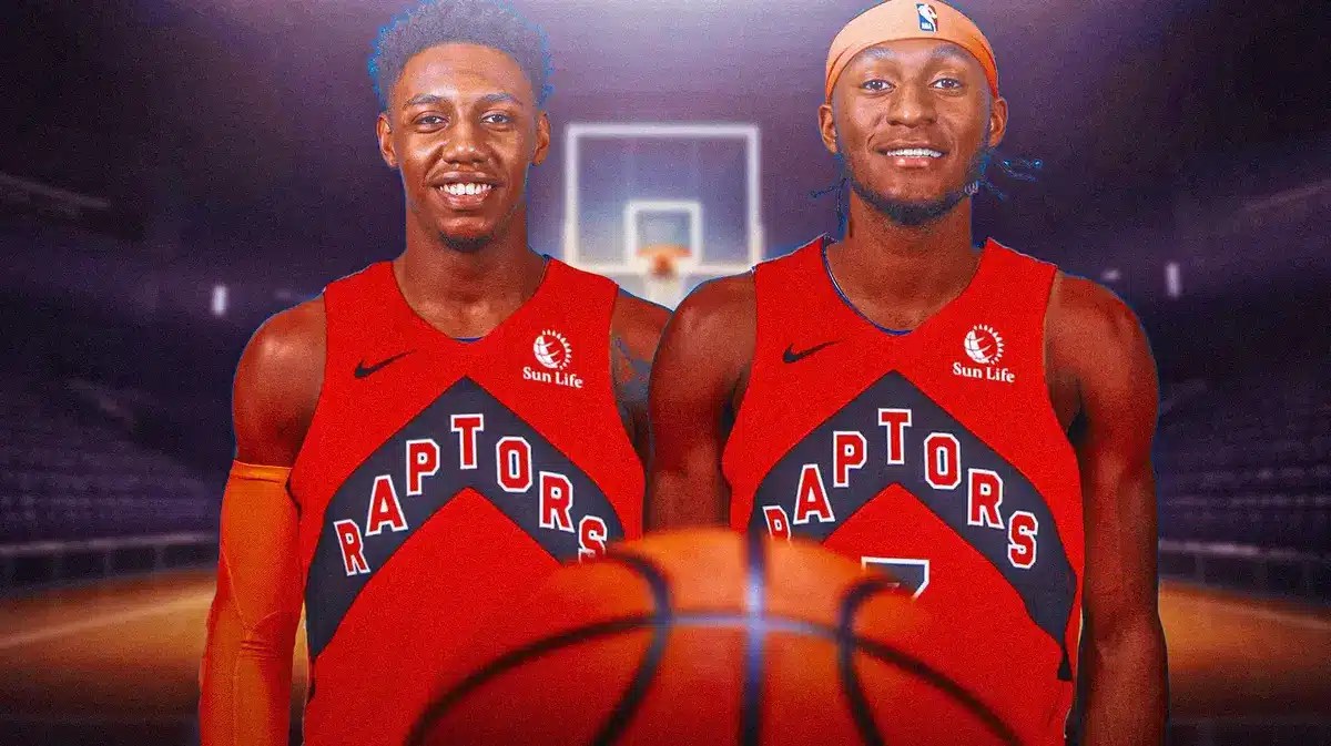 RJ Barrett and Immanuel Quickley in Raptors uniforms