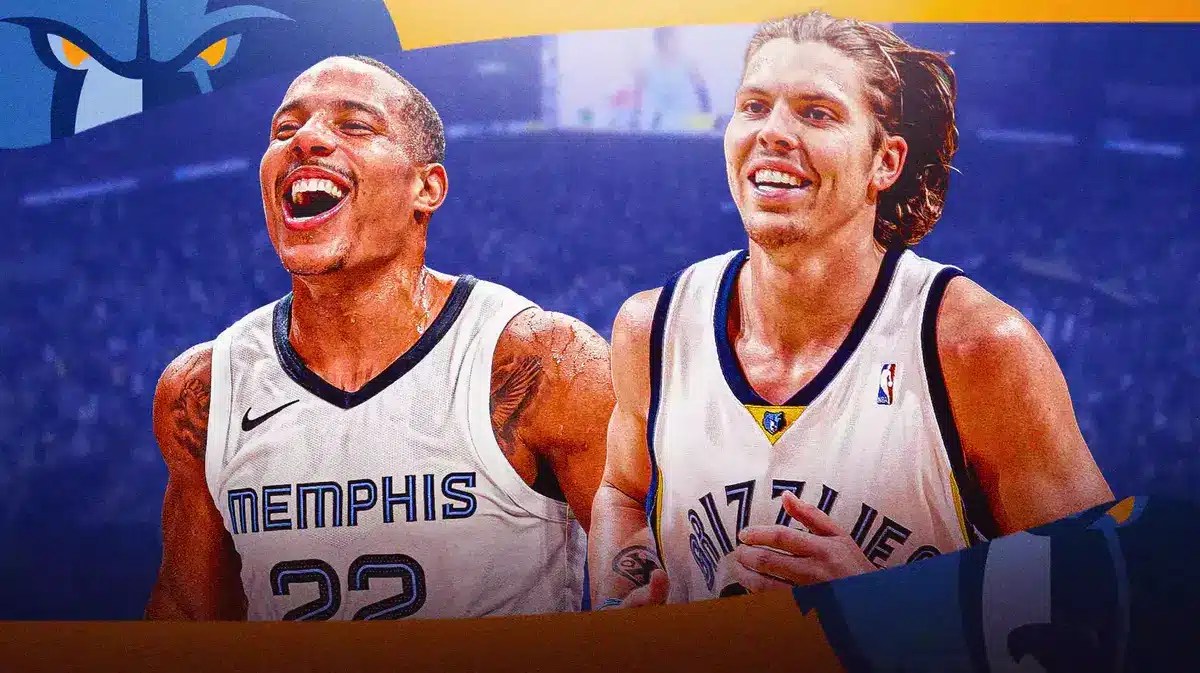 Grizzlies' Desmond Bane hyped up, with Grizzlies' Mike Miller (2007 version) smiling on the side