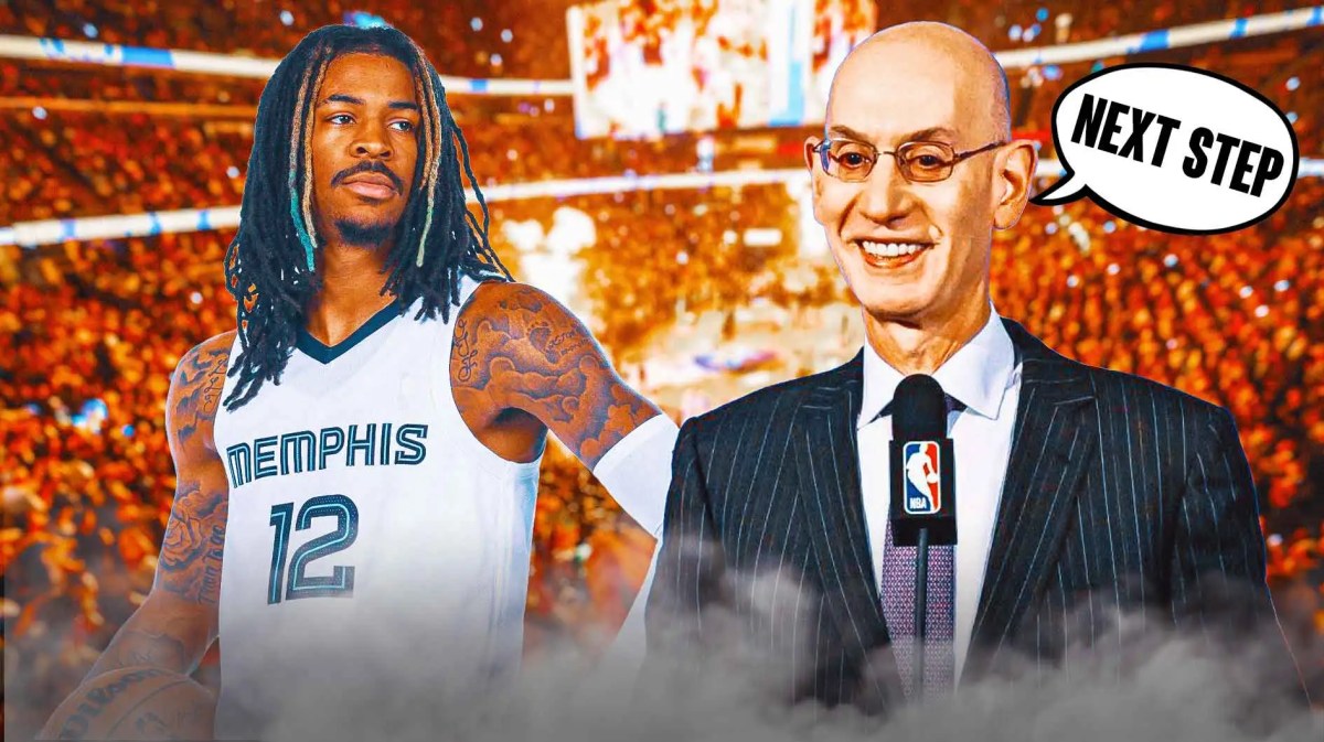 Ja Morant with the Grizzlies arena in the background, also include Adam Silver saying: 'next step' suspension