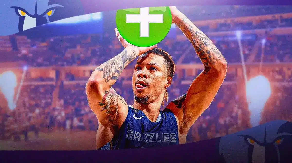 Action shot of Brandon Clarke (Grizzlies) shooting a ball BUT change the ball into a medical plus symbol