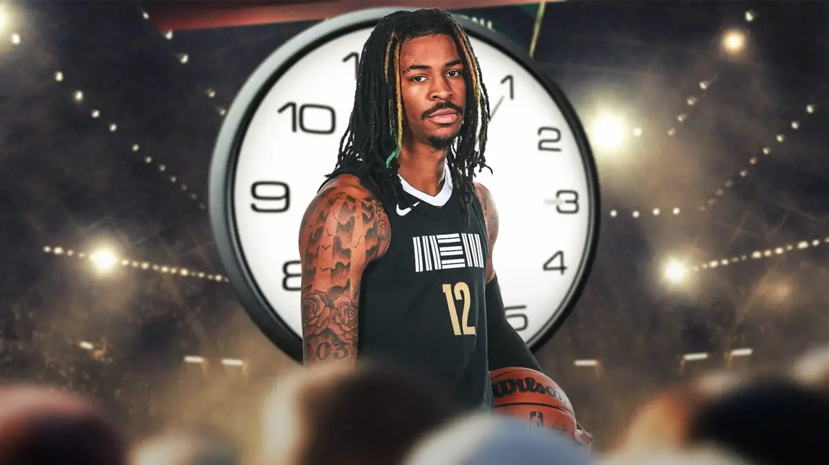 Ja Morant looking serious with clock in the background