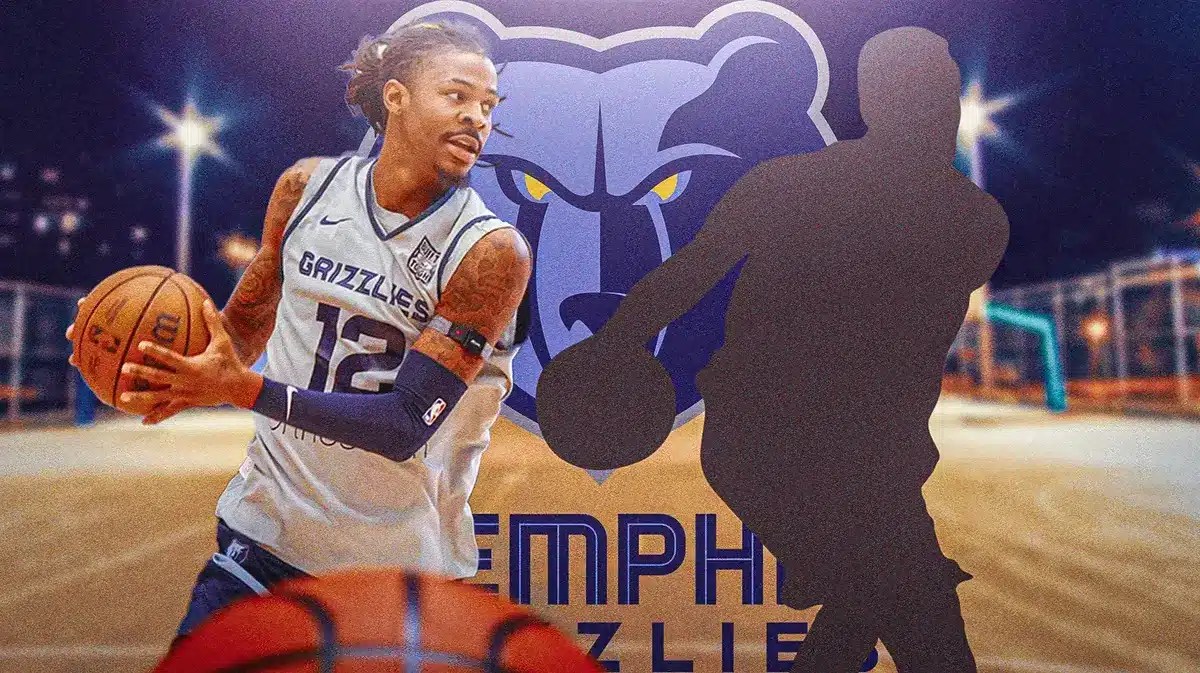 Ja Morant next to a silhouette player and the Grizzlies logo