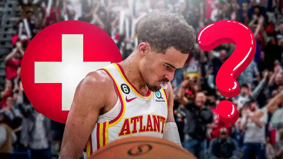 Trae Young with red medical symbol and question mark