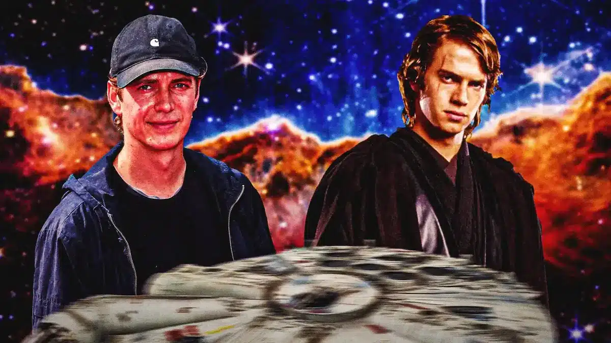 Hayden Christensen and Anakin Skywalker from Star Wars with space background.