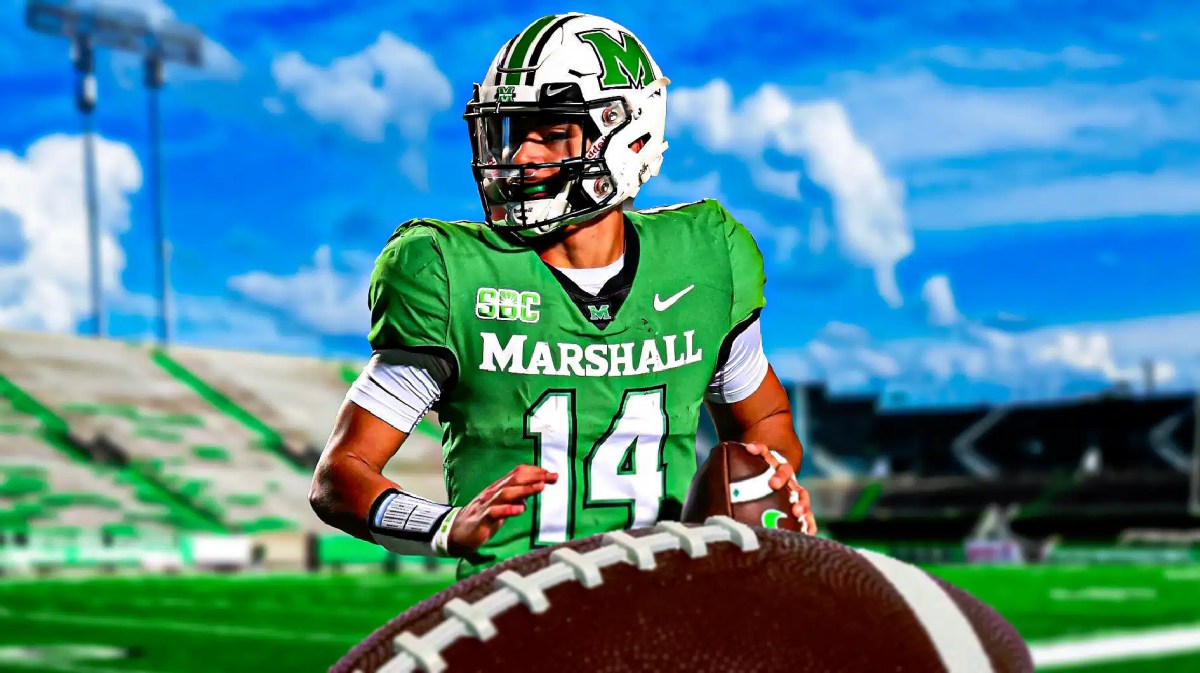 Marshall football, Thundering Herd, Cam Fancher, Charles Huff, Transfer portal, Cam Fancher in Marshall uni with Marshall football stadium in the background