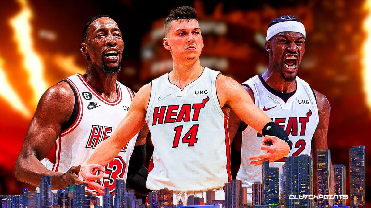 Tyler Herro, Bam Adebayo and Jimmy Butler looking hyped