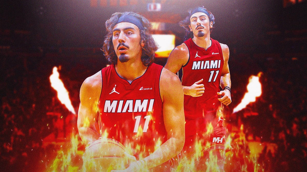 Miami Heat rookie Jaime Jaquez Jr. on fire in front of the Kaseya Center.