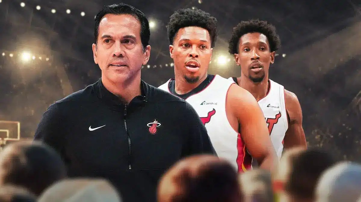 Miami Heat's Erik Spoelstra, Kyle Lowry, and Josh Richardson in front of the Kaseya Center.