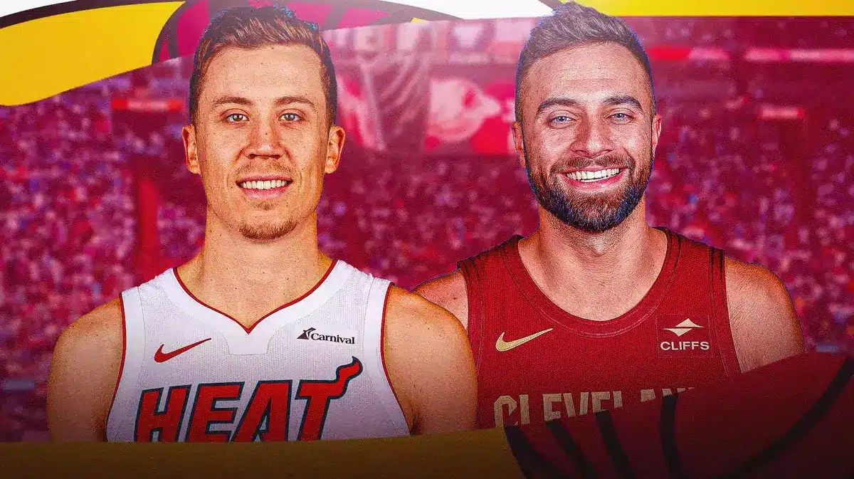 Miami Heat star Duncan Robinson and Cleveland Cavaliers guard Max Strus in front of the Kaseya Center.
