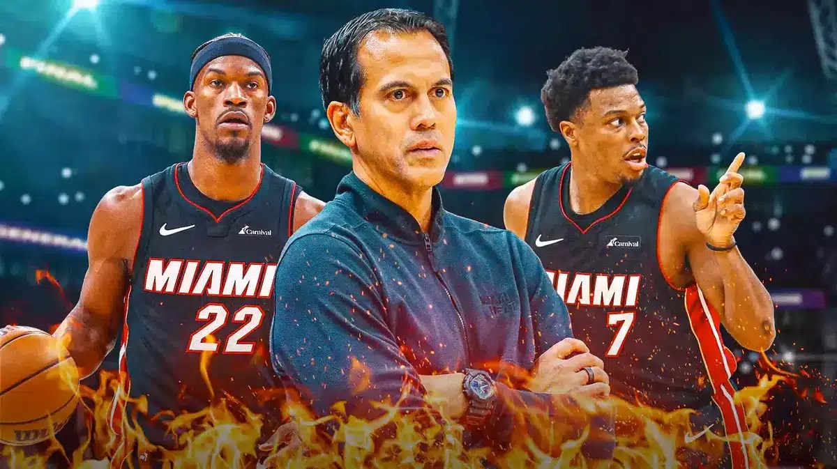 Miami Heat's Erik Spoelstra, Kyle Lowry, and Jimmy Butler in front of the Kaseya Center.