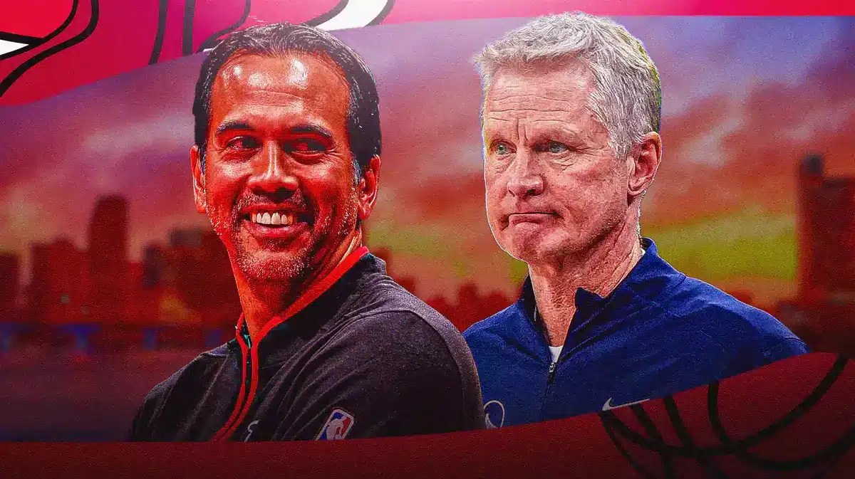 Miami Heat head coach Erik Spoelstra and Golden State Warriors head coach Steve Kerr in front of the city skyline.