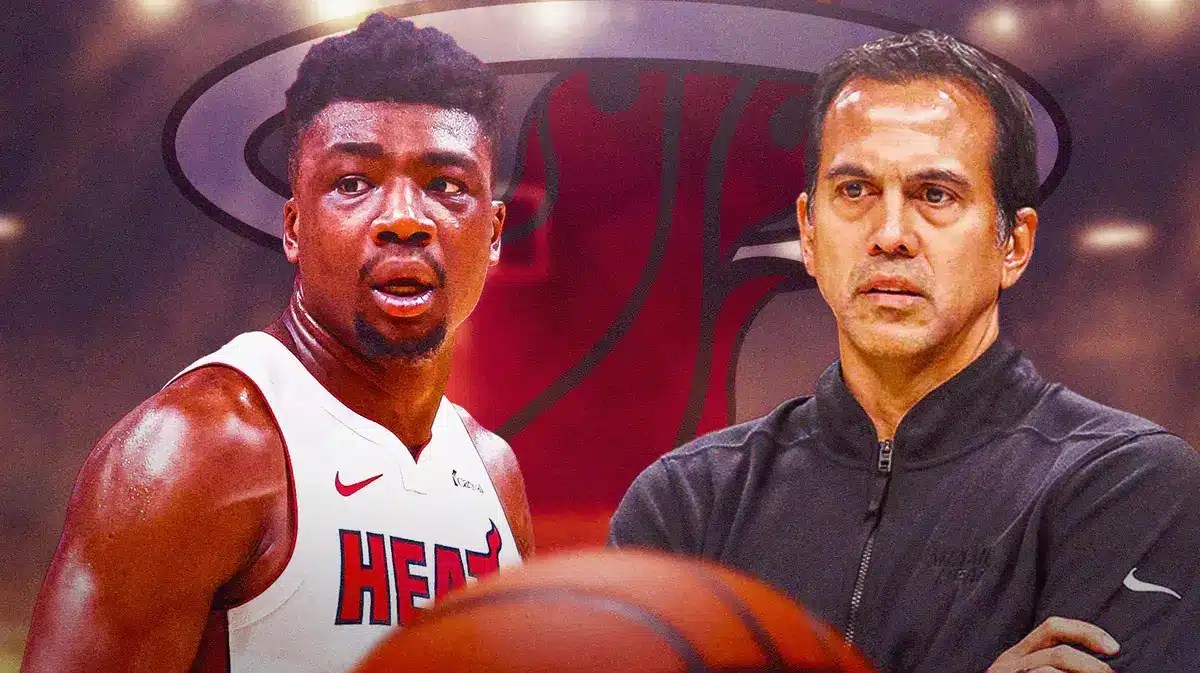 Miami Heat's Thomas Bryant and Erik Spoelstra.