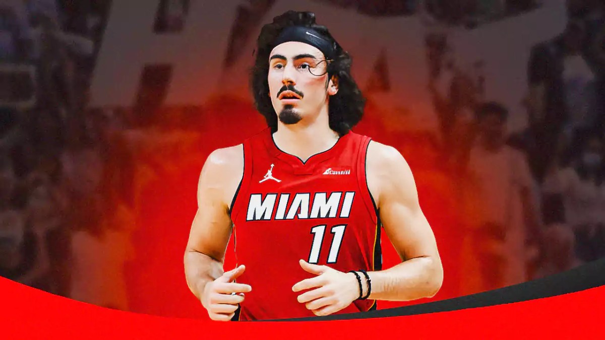 Jaime Jaquez Jr. with the Heat arena in the background