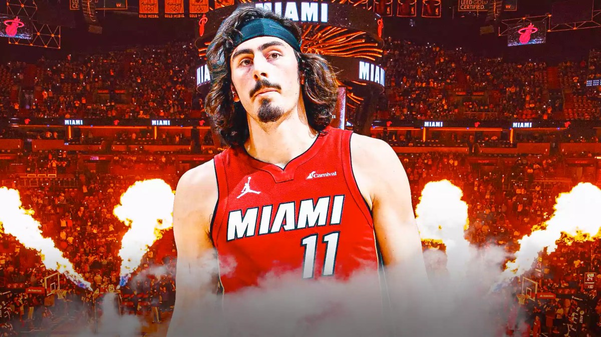 Jaime Jaquez Jr. with the Heat arena in the background