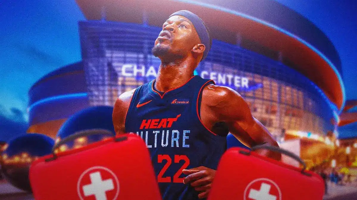 Miami Heat star Jimmy Butler in front of the Chase Center where the Golden State Warriors play in.