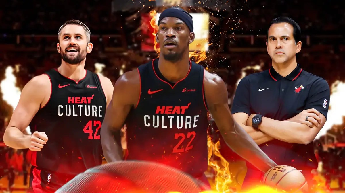 Miami Heat's Jimmy Butler, Kevin Love, and Erik Spoelstra in front of the Kaseya Center.