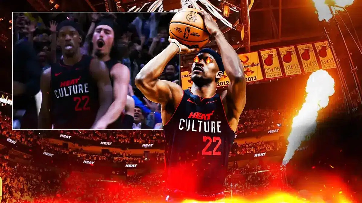 Heat star Jimmy Butler action shot with fire in eyes