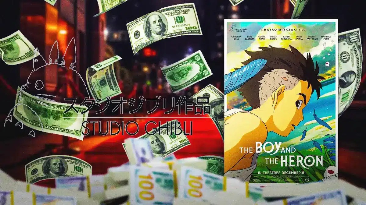 Studio Ghibli logo and The Boy and the Heron poster with money and movie theater background.