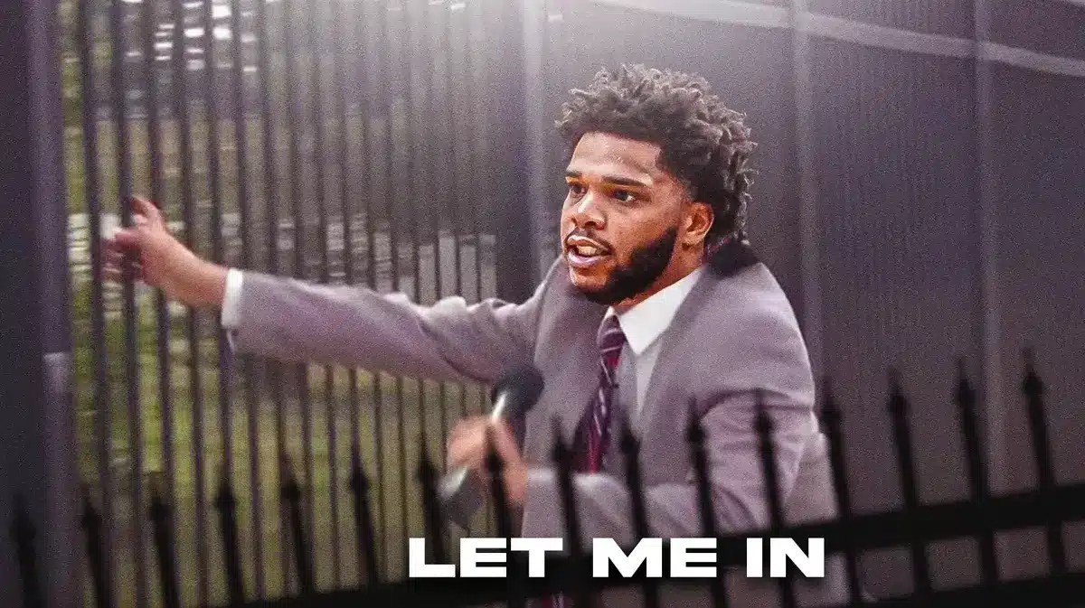 Miles Bridges grabbing a gate saying "Let me in!"