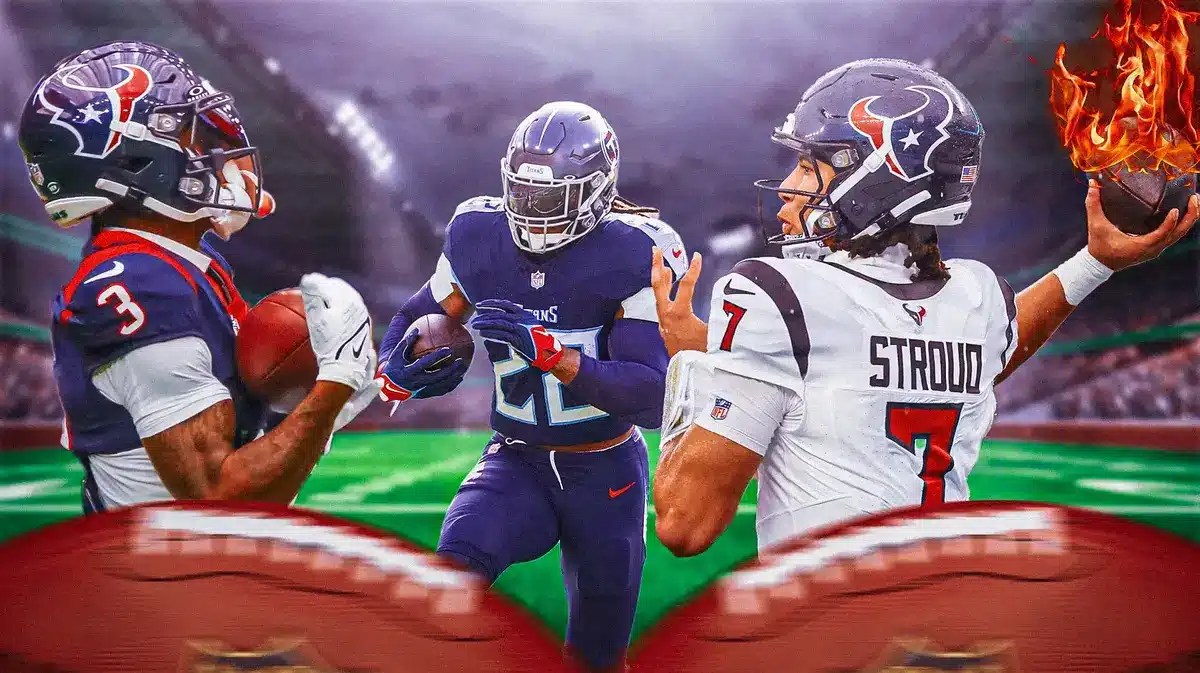 Photo: CJ Stroud throwing football on fire in Texans jersey, Tank Dell catching a pass, Derrick Henry in action in Titans jersey