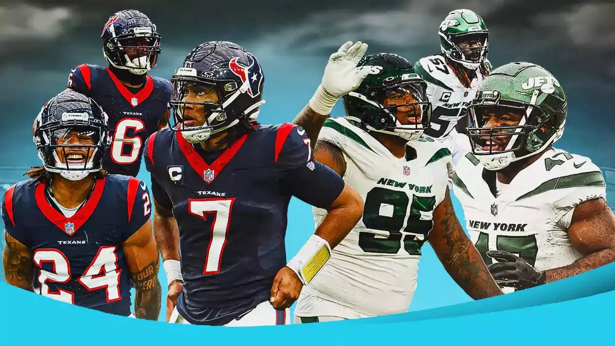 Houston Texans' Derek Stingley Jr., C.J. Stroud, and Denzel Perryman VS. New York Jets' Garrett Wilson, Quinnen Williams, and C.J. Mosley