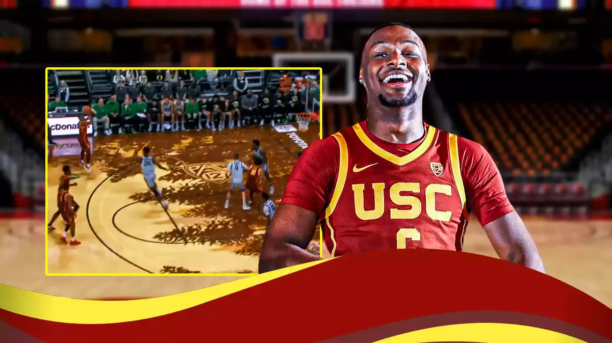 Bronny James smiling in a USC Trojans basketball jersey, with a screenshot of his three-pointer on the side
