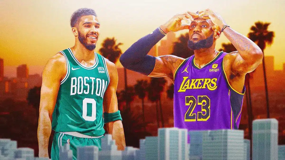 image idea: Jayson Tatum in Celtics jersey smiling next to a serious/annoyed LeBron (Lakers jersey) on a LA skyline background
