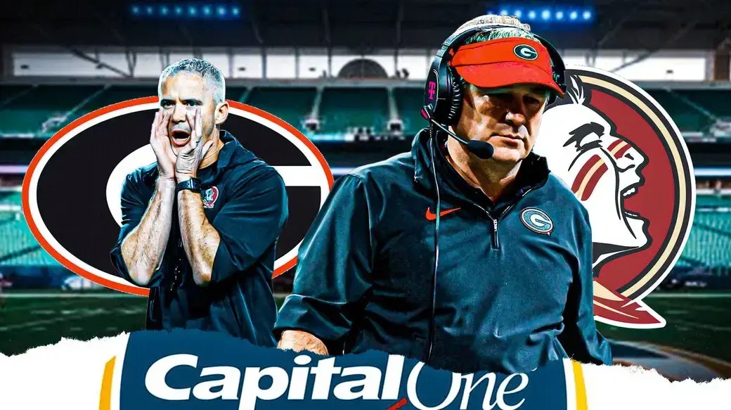 Kirby Smart, Georgia logo vs. Mike Norvell, Florida State logo. In front is Capital One Orange Bowl logo.