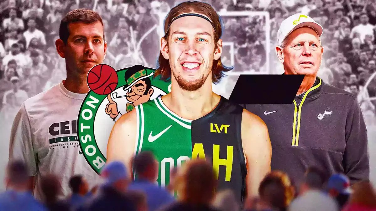 Kelly Olynyk in half Celtics, half Jazz jersey alongside Danny Ainge and Brad Stevens