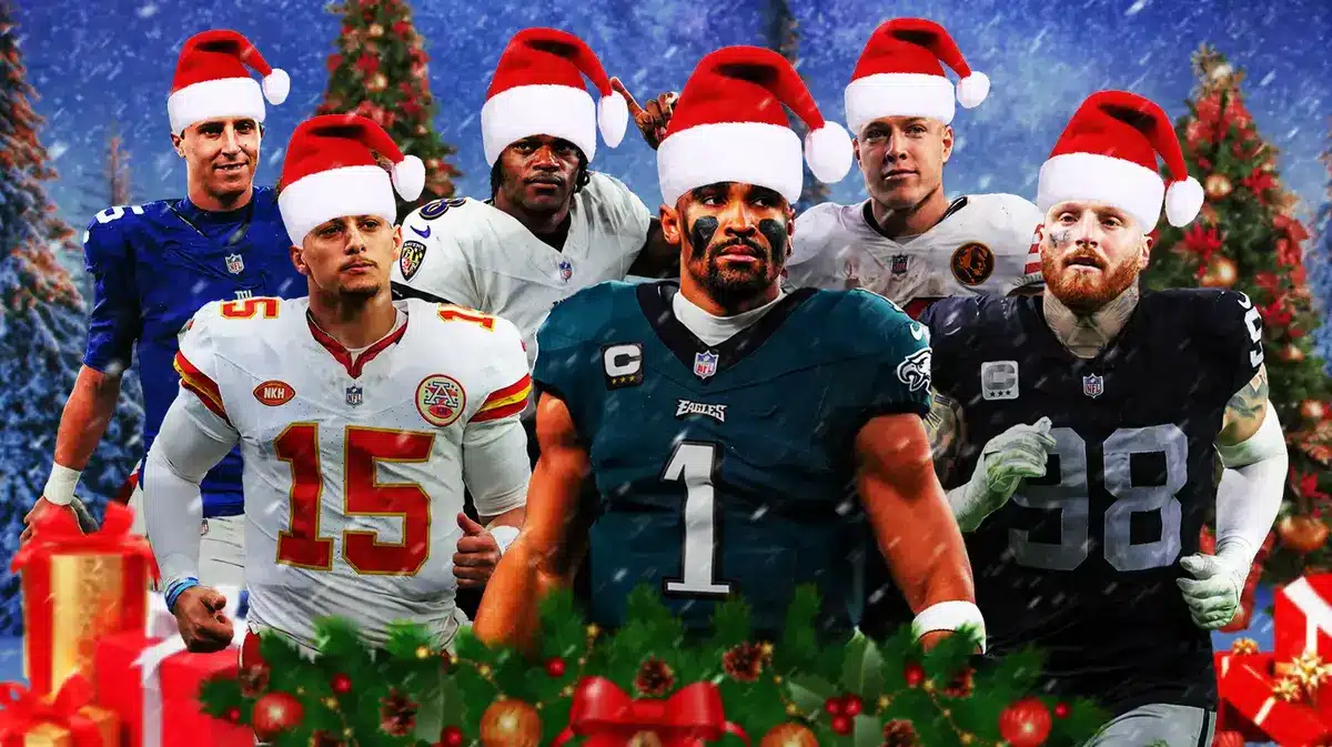 Christian McCaffrey, Lamar Jackson, Jalen Hurts, Tommy DeVito, Patrick Mahomes, Maxx Crosby all with Santa Claus hats on and Christmas trees/snow/presents in the background.