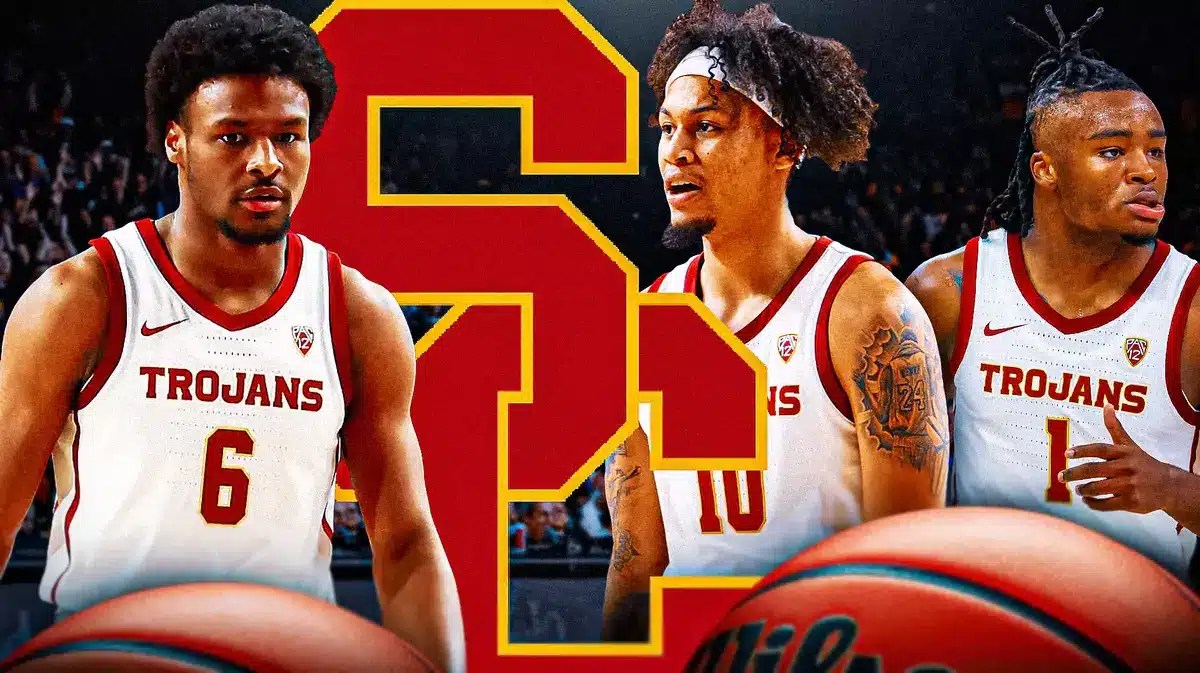 Bronny James, Boogie Ellis, Isaiah Collier. USC logo in front of them.