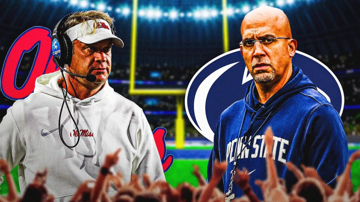 Penn State football, Ole Miss football, Nittany Lions, Rebels, Peach Bowl, Lane Kiffin and James Franklin with Ole Miss and Penn State logos behind them, Peach Bowl stadium in the background