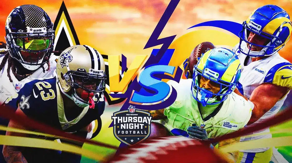Alvin Kamara, Marshon Lattimore, Saints logo vs. Cooper Kupp, Kyren Williams, Rams logo. Thursday Night Football logo in middle.