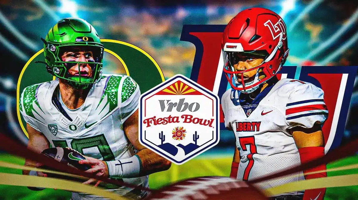 Bo Nix, Oregon logo vs. Kaidon Saltor, Liberty logo. Vrbo Fiesta Bowl logo in front.