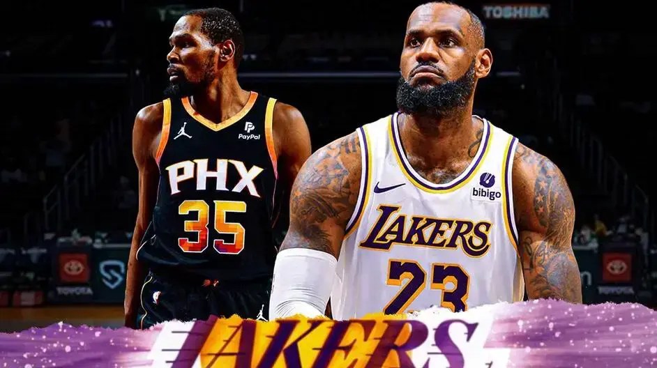 LeBron James alongside Kevin Durant with the Lakers arena in the background, timeout NBA in-season tournament