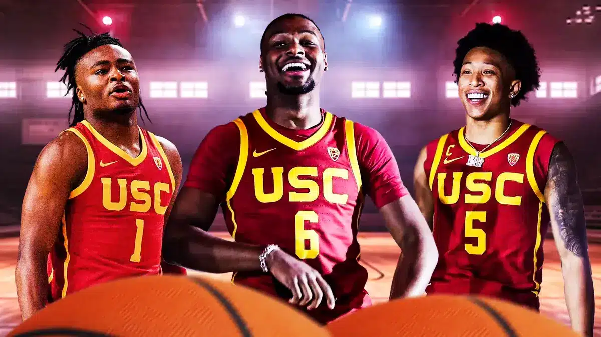Bronny James in a USC jersey with Isaiah Collier on one side of him and Boogie Ellis on the other side, predictions