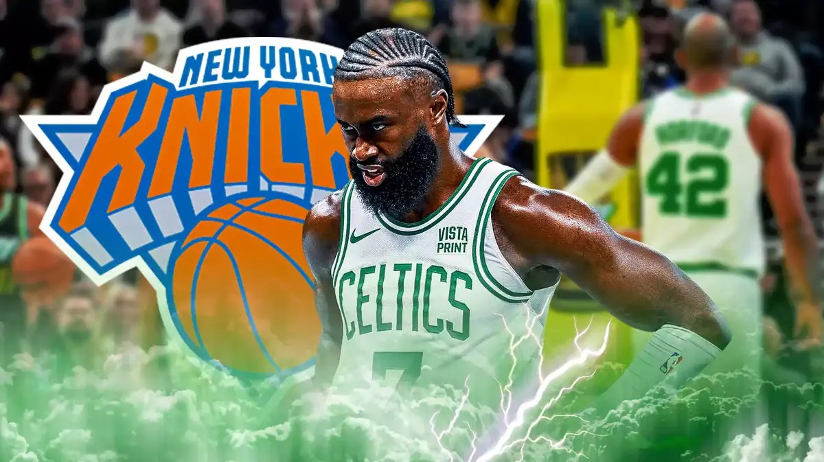 Jaylen Brown with both the Celtics and Knicks logos in the background, ejection